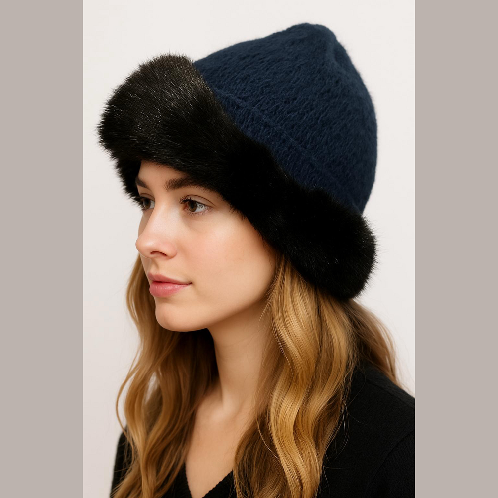 60s NWOT EVERITT NAVY KNIT & BLACK FAUX FUR HAT W FOLD UP TRIM BRIM MOBWIFE MCM